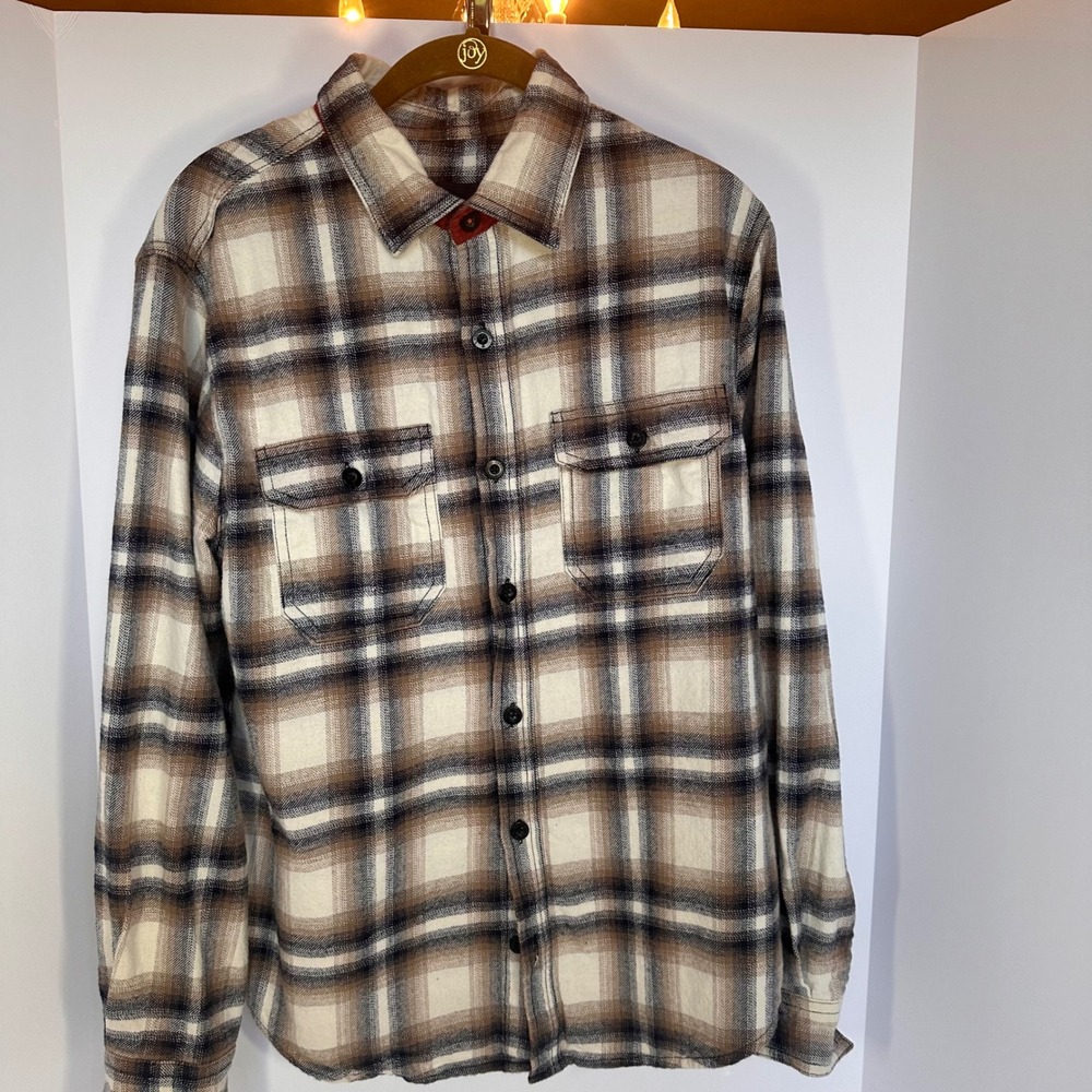 Mens Brown Plaid Flannel Button Down Shirt Long Sleeve Casual
